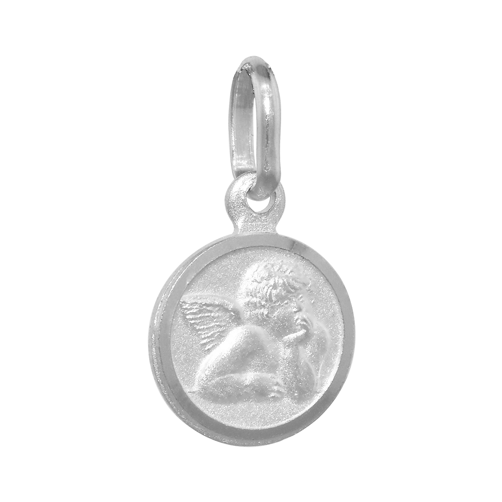 10MM VERY TINY STERLING SILVER GUARDIAN ANGEL MEDAL NECKLACE 3/8 INCH ROUND NICKEL FREE ITALY WITH STAINLESS STEEL CHAIN