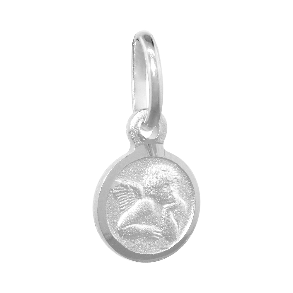 8MM TINY STERLING SILVER GUARDIAN ANGEL MEDAL NECKLACE 5/16 INCH ROUND NICKEL FREE ITALY WITH STAINLESS STEEL CHAIN