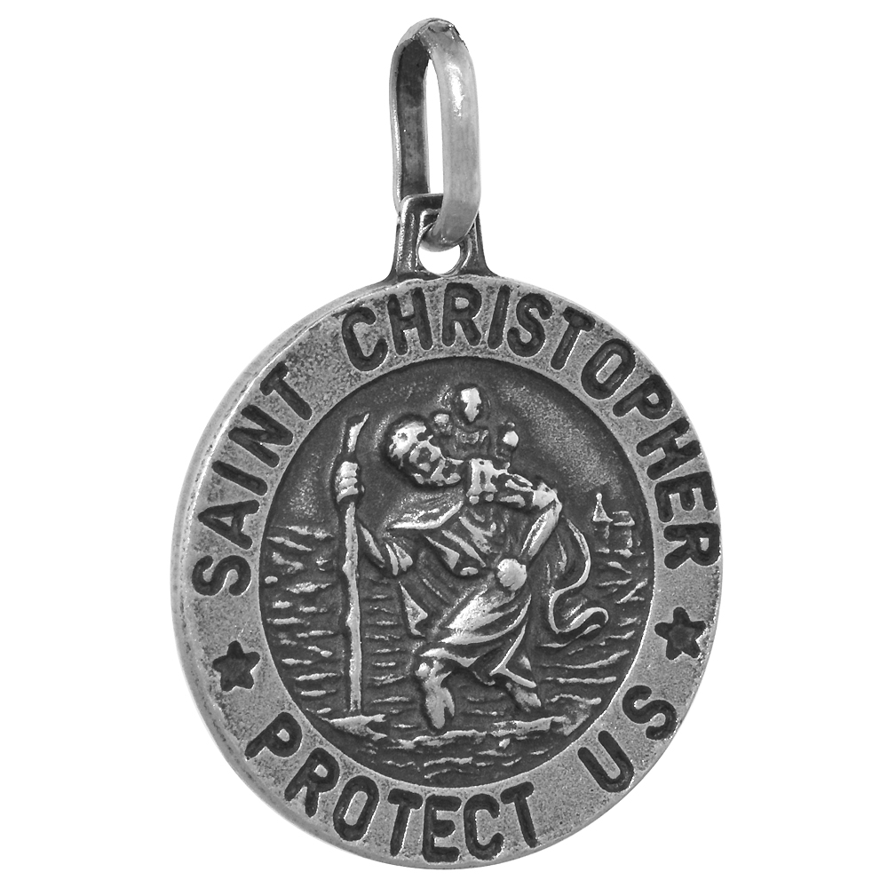 18MM STERLING SILVER ST CHRISTOPHER MEDAL NECKLACE 11/16 INCH ROUND ANTIQUED FINISH NICKEL FREE ITALY WITH STAINLESS STEEL CHAIN