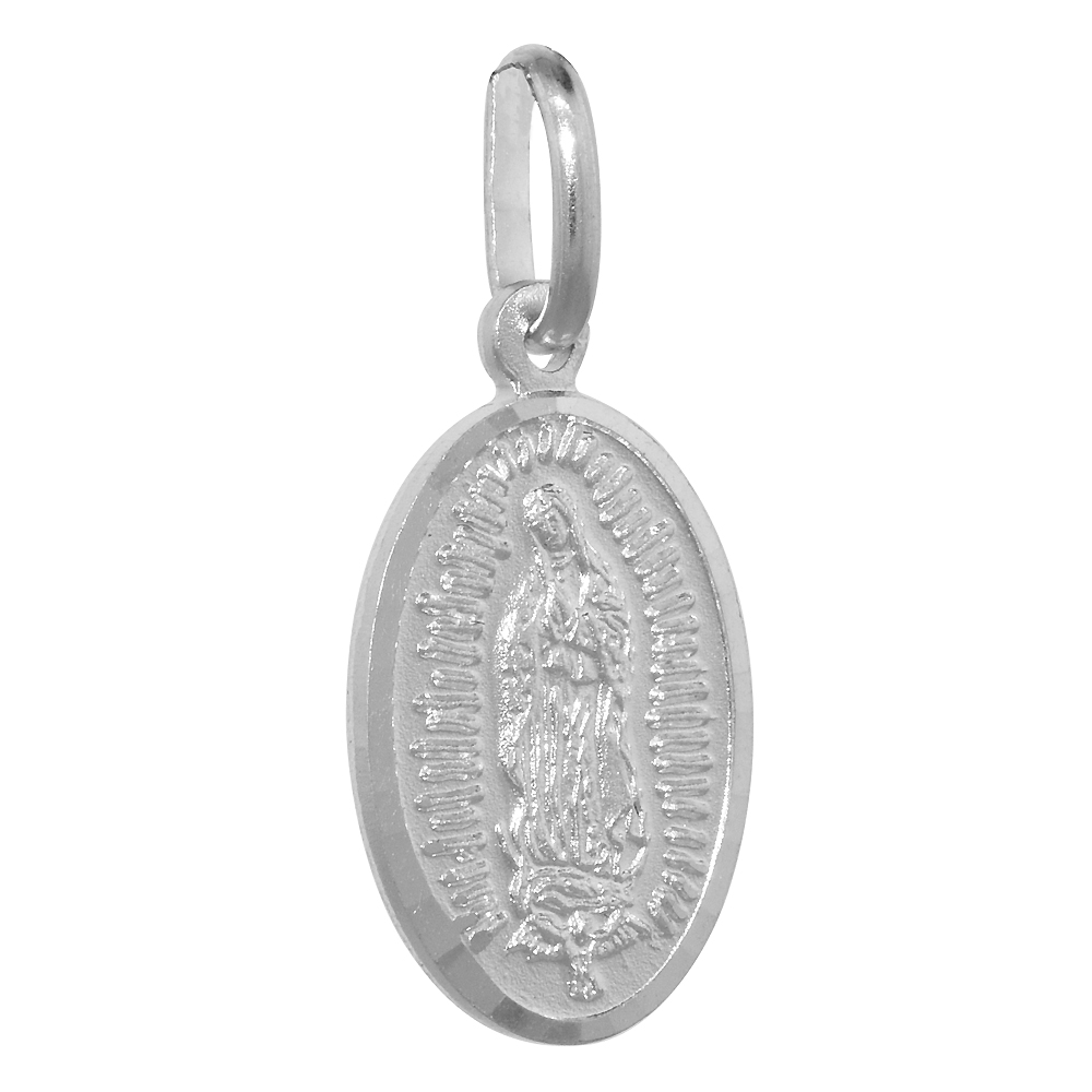 16MM STERLING SILVER GUADALUPE MEDAL NECKLACE 5/8 INCH OVAL NICKEL FREE ITALY WITH STAINLESS STEEL CHAIN