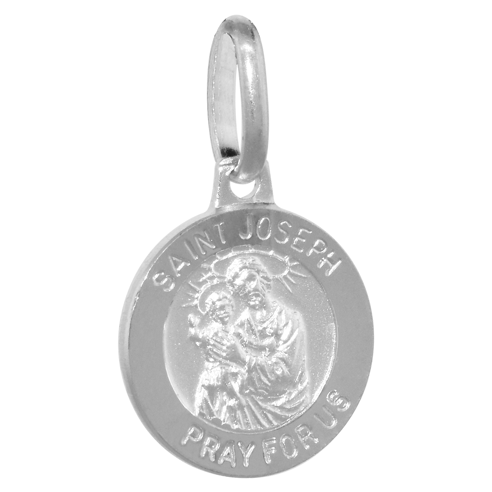 12MM DAINTY STERLING SILVER ST JOSEPH MEDAL NECKLACE 1/2 INCH ROUND NICKEL FREE ITALY WITH STAINLESS STEEL CHAIN