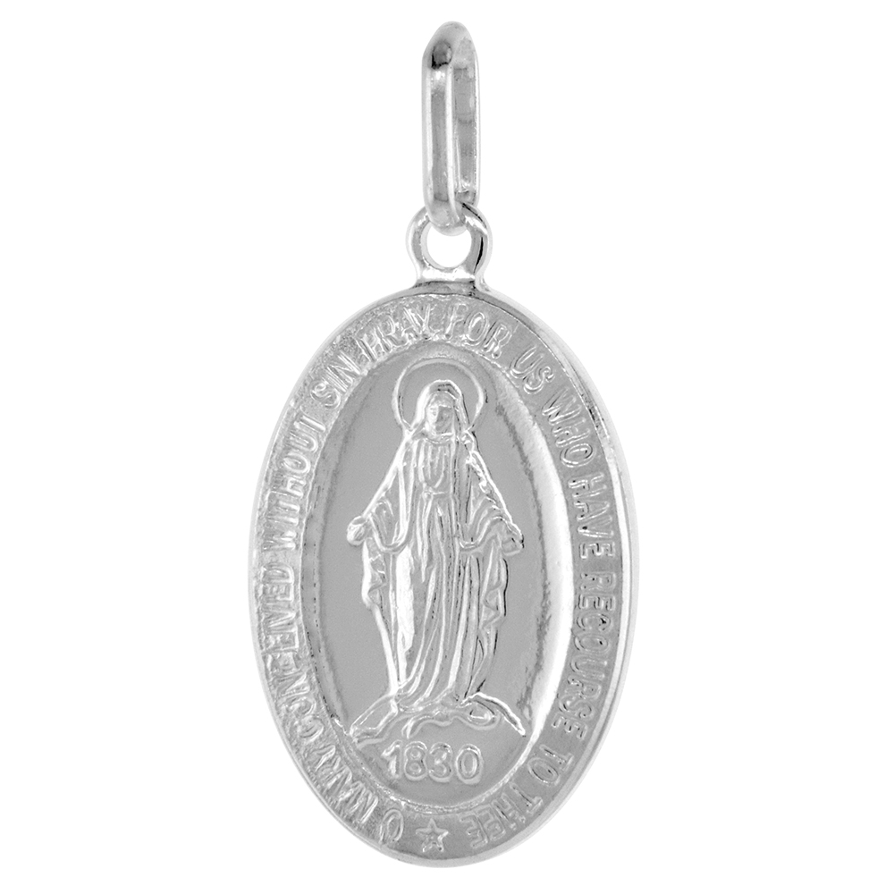 24mm Sterling Silver Miraculous Medal Necklace Oval Virgin Mary Italy with Stainless Steel Chain 7/8 inch