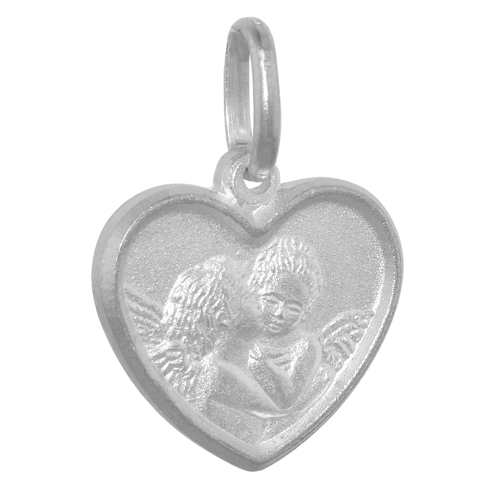 15MM STERLING SILVER RAPHAEL'S KISSING ANGELS HEART PENDANT NECKLACE 5/8 INCH NICKEL FREE ITALY WITH STAINLESS STEEL CHAIN