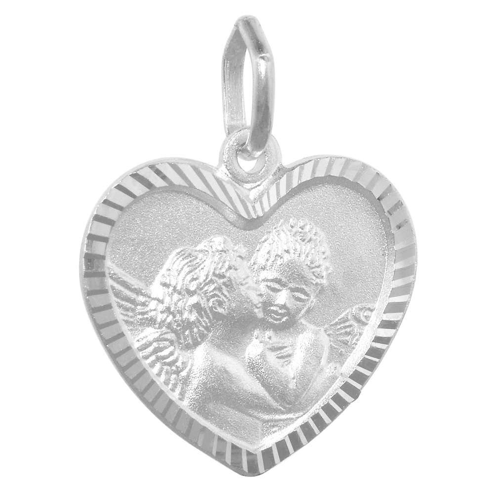 18MM STERLING SILVER RAPHAEL'S KISSING ANGELS HEART PENDANT NECKLACE 3/4 INCH NICKEL FREE ITALY WITH STAINLESS STEEL CHAIN