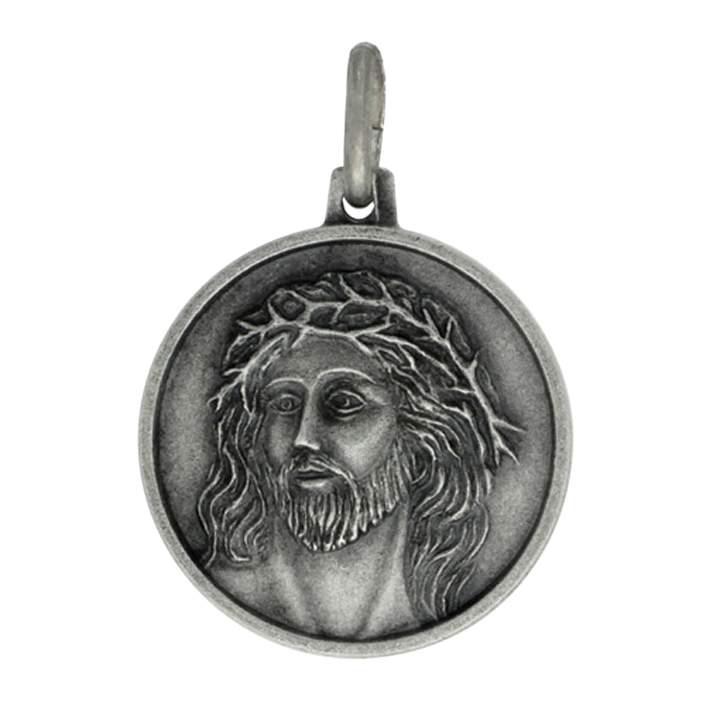 18MM STERLING SILVER JESUS CROWN OF THORNS MEDAL NECKLACE 3/4 INCH ROUND ANTIQUED FINISH NICKEL FREE ITALY WITH STAINLESS STEEL CHAIN