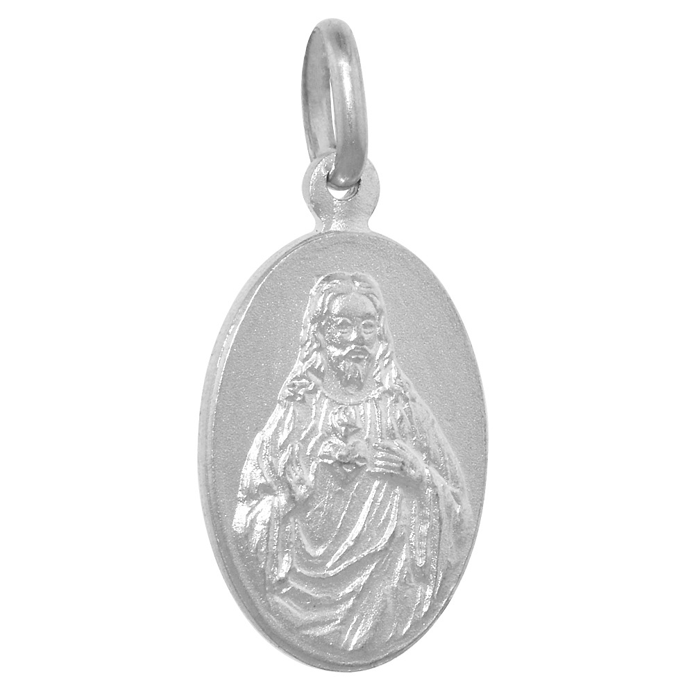 18MM DAINTY STERLING SILVER SACRED HEART OF JESUS SMALL MEDAL NECKLACE 5/8 INCH OVAL NICKEL FREE ITALY WITH STAINLESS STEEL CHAIN