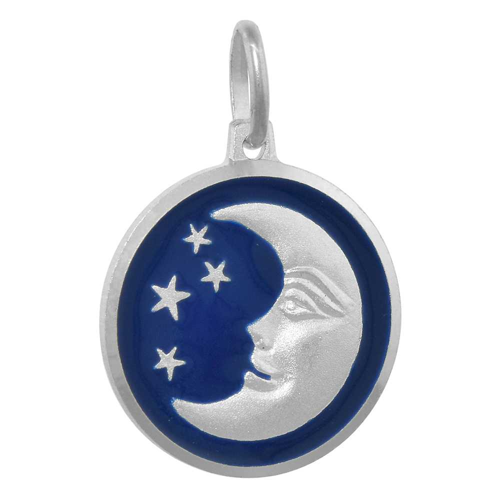 STERLING SILVER MOON & STAR NECKLACE ROUND BLUE ENAMEL 3/4 INCH ITALY