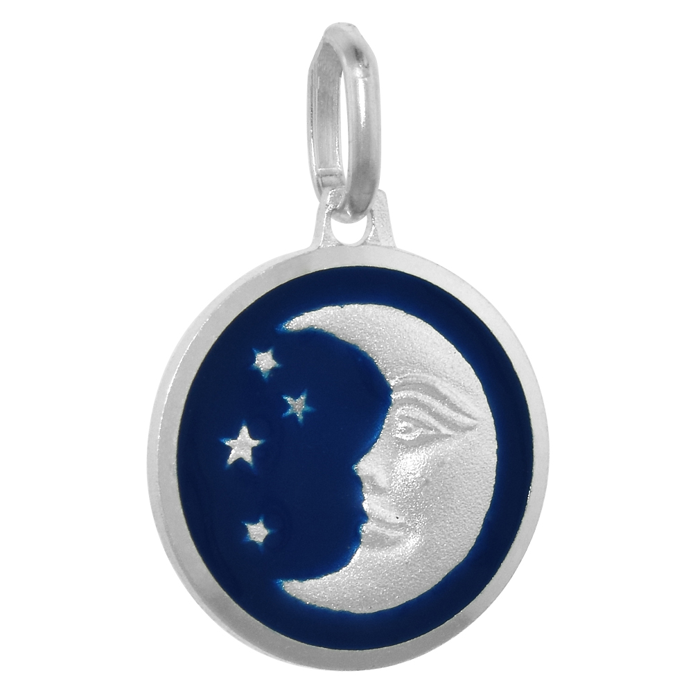 Sterling Silver Moon & Star Necklace Round Blue Enamel Italy 5/8 inch