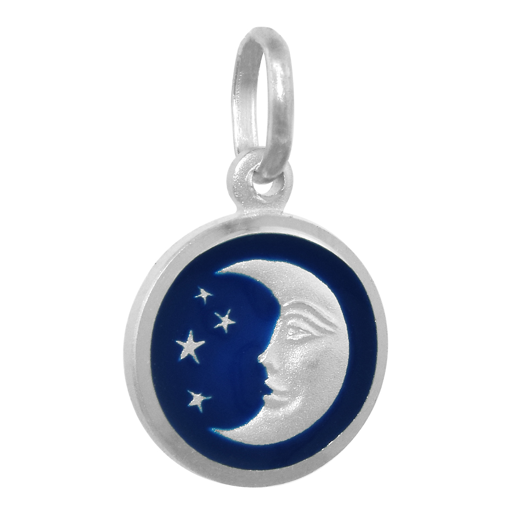 STERLING SILVER MOON & STAR NECKLACE ROUND BLUE ENAMEL WITH 24 INCH SURGICAL STEEL CHAIN ITALY 1/2 INCH