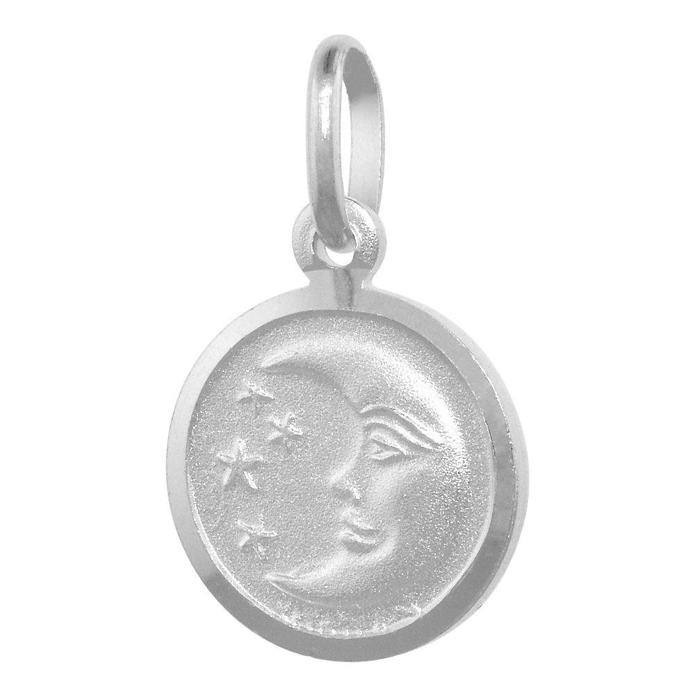 STERLING SILVER MOON & STAR NECKLACE ROUND WITH 24 INCH SURGICAL STEEL CHAIN ITALY 1/2 INCH