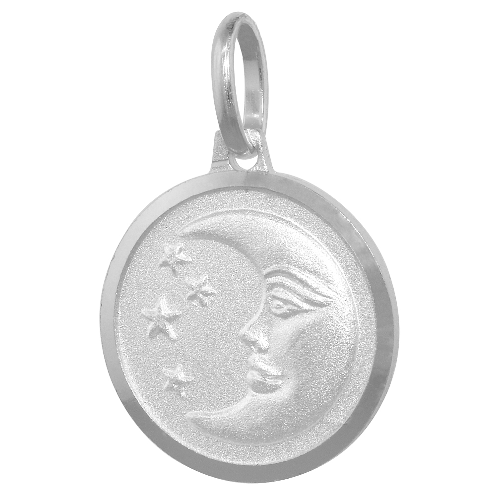 STERLING SILVER MOON & STAR NECKLACE ROUND WITH 24 INCH SURGICAL STEEL CHAIN ITALY 5/8 INCH