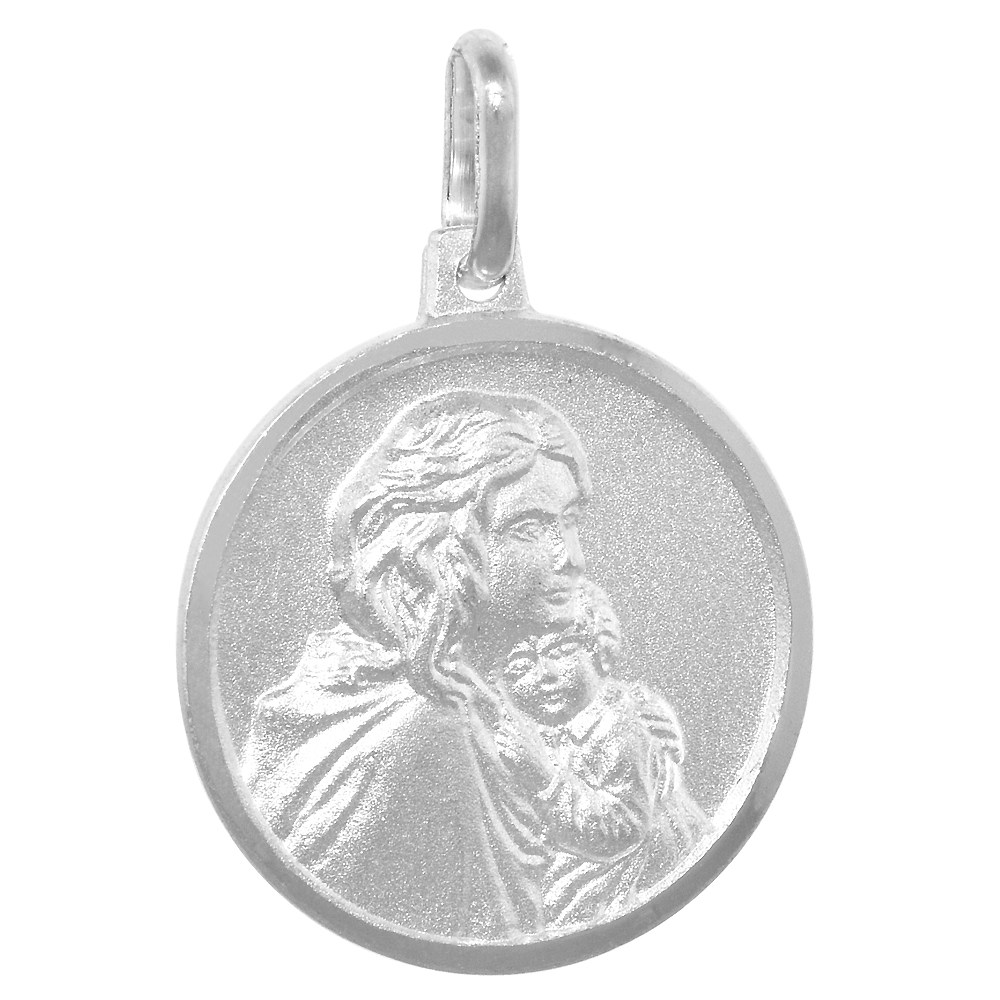18MM STERLING SILVER MOTHER MARY AND JESUS MEDAL NECKLACE 3/4 INCH ROUND NICKEL FREE ITALY WITH STAINLESS STEEL CHAIN