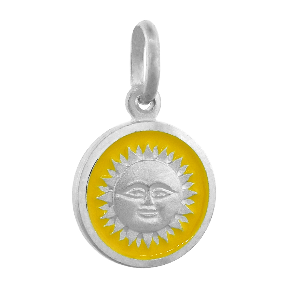 STERLING SILVER SUN MEDAL NECKLACE ROUND YELLOW ENAMELED WITH 24 INCH SURGICAL STEEL CHAIN ITALY 1/2 INCH