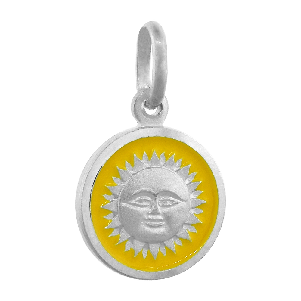 Sterling Silver Sun Medal Necklace Round Yellow Enameled Italy 1/2 inch