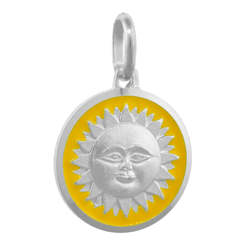 Sterling Silver Sun Medal Necklace Round Yellow Enameled Italy 5/8 inch