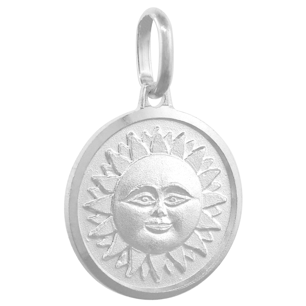 STERLING SILVER SMILING SUN NECKLACE ROUND WITH 24 INCH SURGICAL STEEL CHAIN ITALY 5/8 INCH