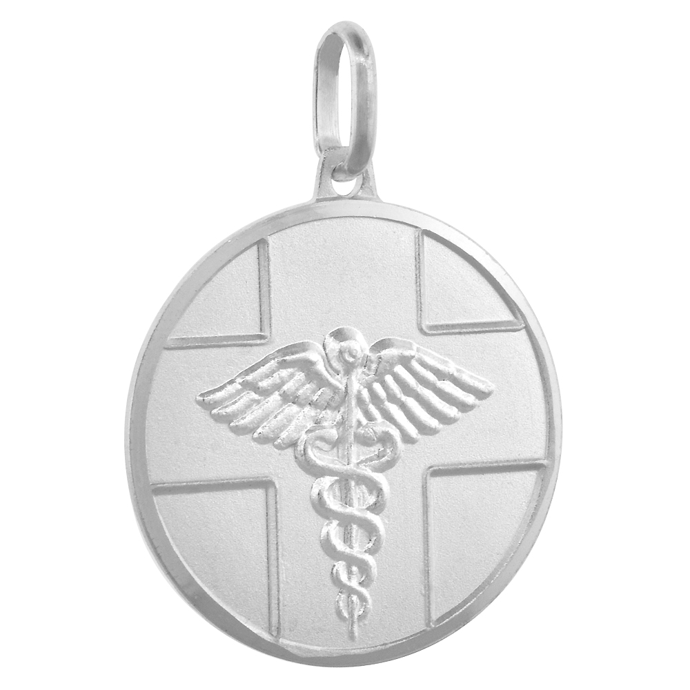STERLING SILVER MEDICAL ALERT NECKLACE ROUND WITH 24 INCH SURGICAL STEEL CHAIN ITALY 7/8 INCH