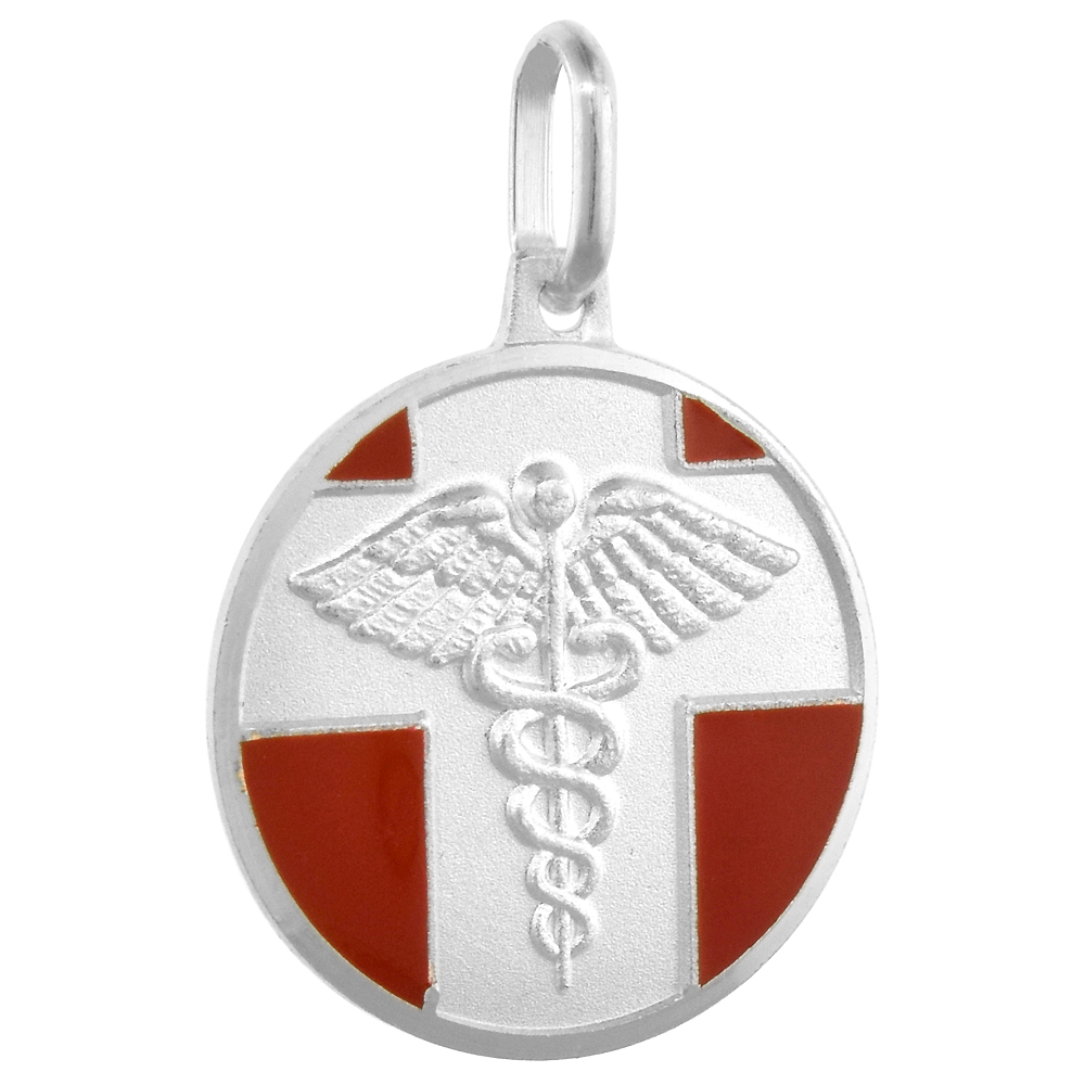 STERLING SILVER MEDICAL ALERT NECKLACE ROUND RED ENAMEL WITH 24 INCH SURGICAL STEEL CHAIN ITALY 3/4 INCH