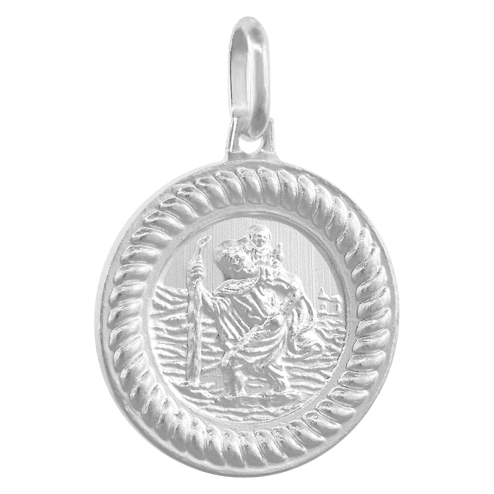 3/4 INCH STERLING SILVER ROPE BORDER ST CHRISTOPHER MEDAL NECKLACE FOR MEN AND WOMEN 18MM ROUND NICKEL FREE ITALY WITH STAINLESS STEEL CHAIN