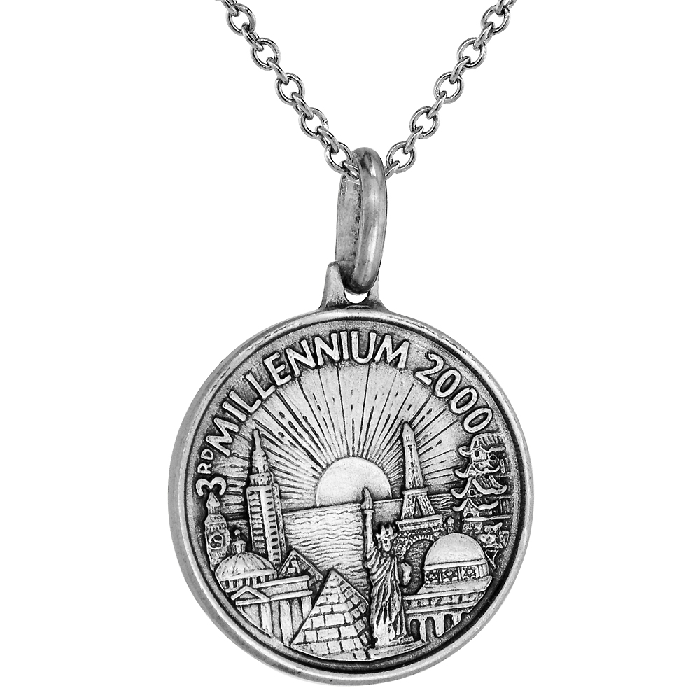 Sterling Silver Millennium 2000 Medal Necklace 3/4 inch Round Antique Finish Italy