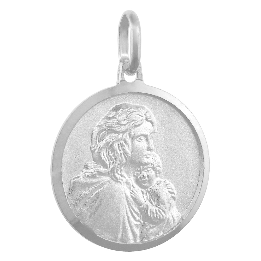 18MM STERLING SILVER MOTHER MARY AND JESUS MEDAL NECKLACE 3/4 INCH ROUND NICKEL FREE ITALY WITH STAINLESS STEEL CHAIN