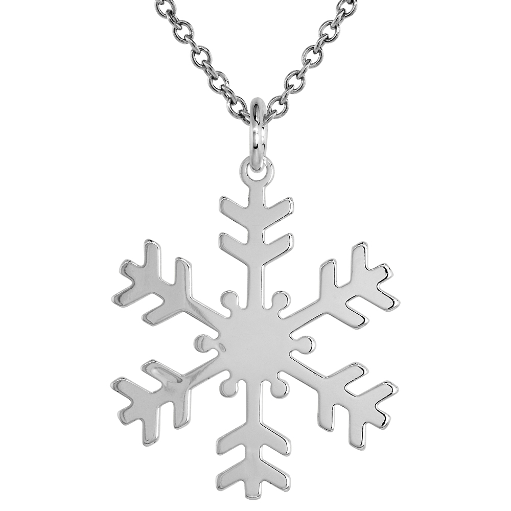 STERLING SILVER SNOWFLAKE NECKLACE WITH 24 INCH SURGICAL STEEL CHAIN ITALY 1 1/4 INCH