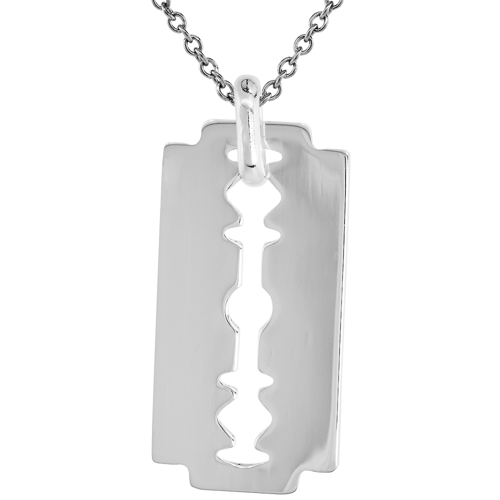 STERLING SILVER RAZOR BLADE NECKLACE WITH 24 INCH SURGICAL STEEL CHAIN ITALY 1 1/2 INCH
