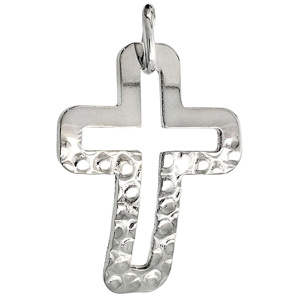 STERLING SILVER CROSS NECKLACE WITH 24 INCH SURGICAL STEEL CHAIN ITALY, 1 1/16 INCH