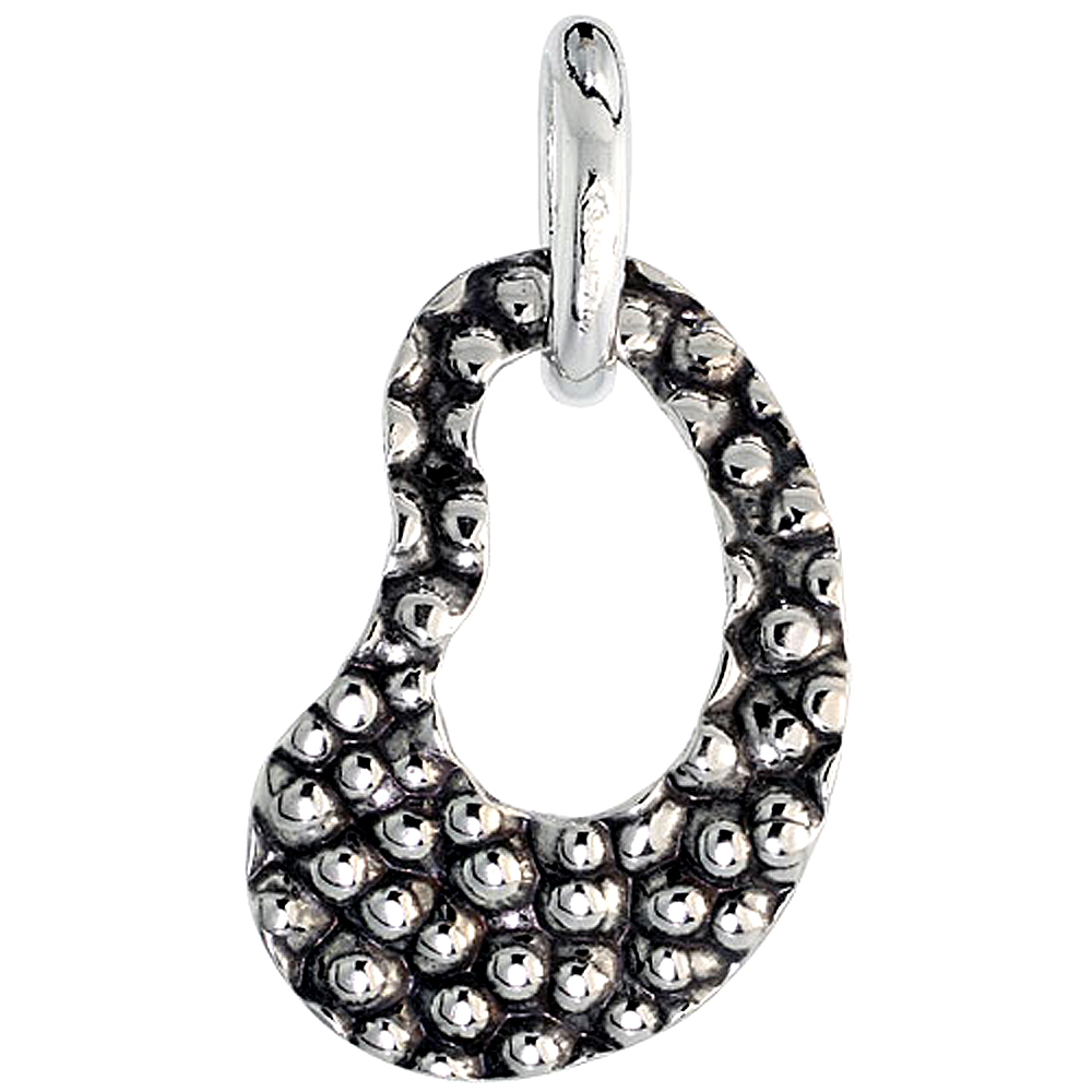 STERLING SILVER HAMMERED FINISH KIDNEY OUTLINE NECKLACE WITH 24 INCH SURGICAL STEEL CHAIN ITALY, 1 INCH