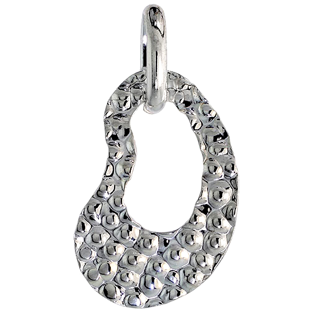 STERLING SILVER HAMMERED FINISH KIDNEY OUTLINE NECKLACE WITH 24 INCH SURGICAL STEEL CHAIN ITALY, 1 INCH