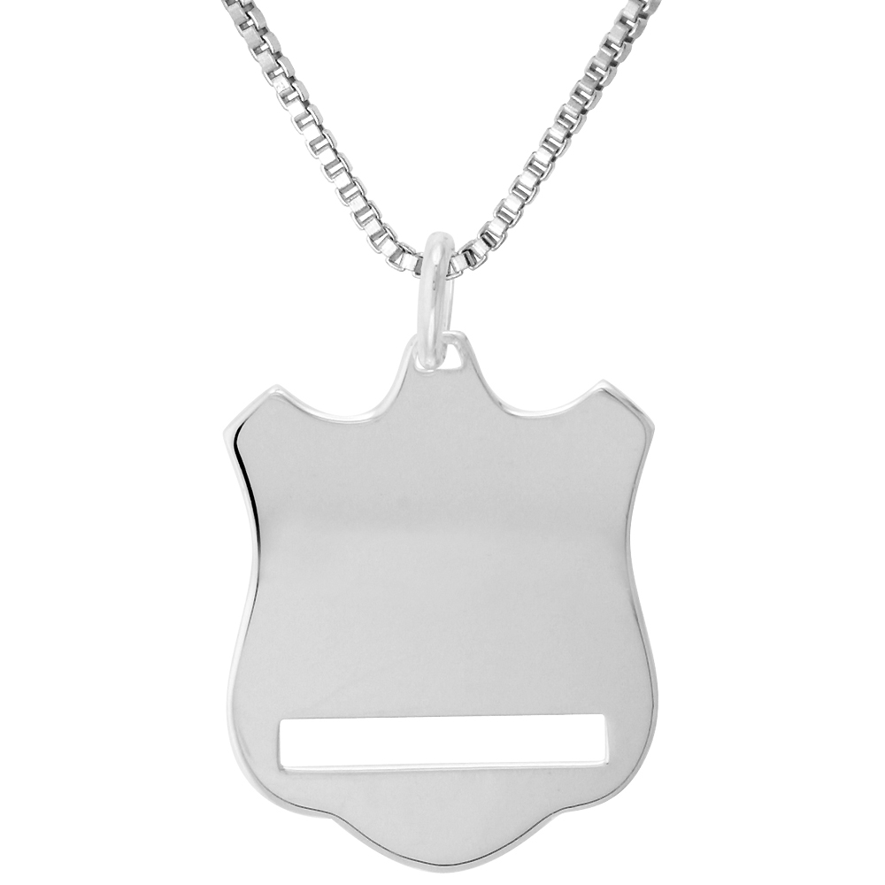 STERLING SILVER SHIELD PENDANT NECKLACE FOR ENGRAVING ITALY, 1 1/16 INCH, 0.8MM CHAIN