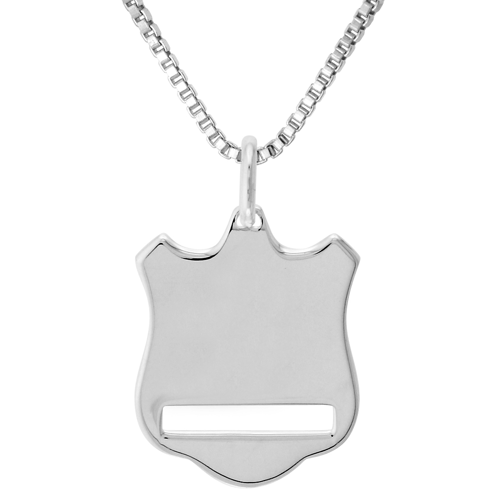 STERLING SILVER SHIELD PENDANT NECKLACE FOR ENGRAVING ITALY, 7/8 INCH, 0.8MM CHAIN