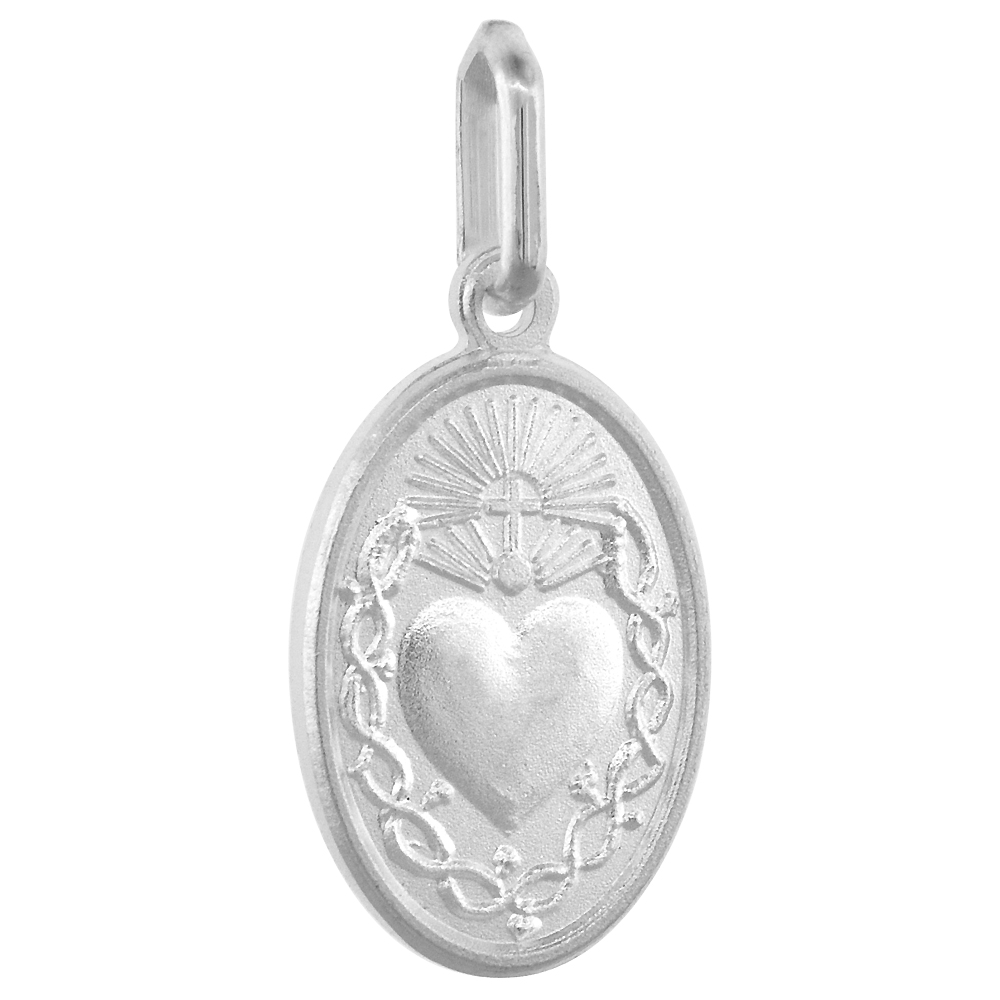 16MM SMALL STERLING SILVER SACRED HEART OF JESUS MEDAL NECKLACE 5/8 INCH OVAL NICKEL FREE ITALY WITH STAINLESS STEEL CHAIN
