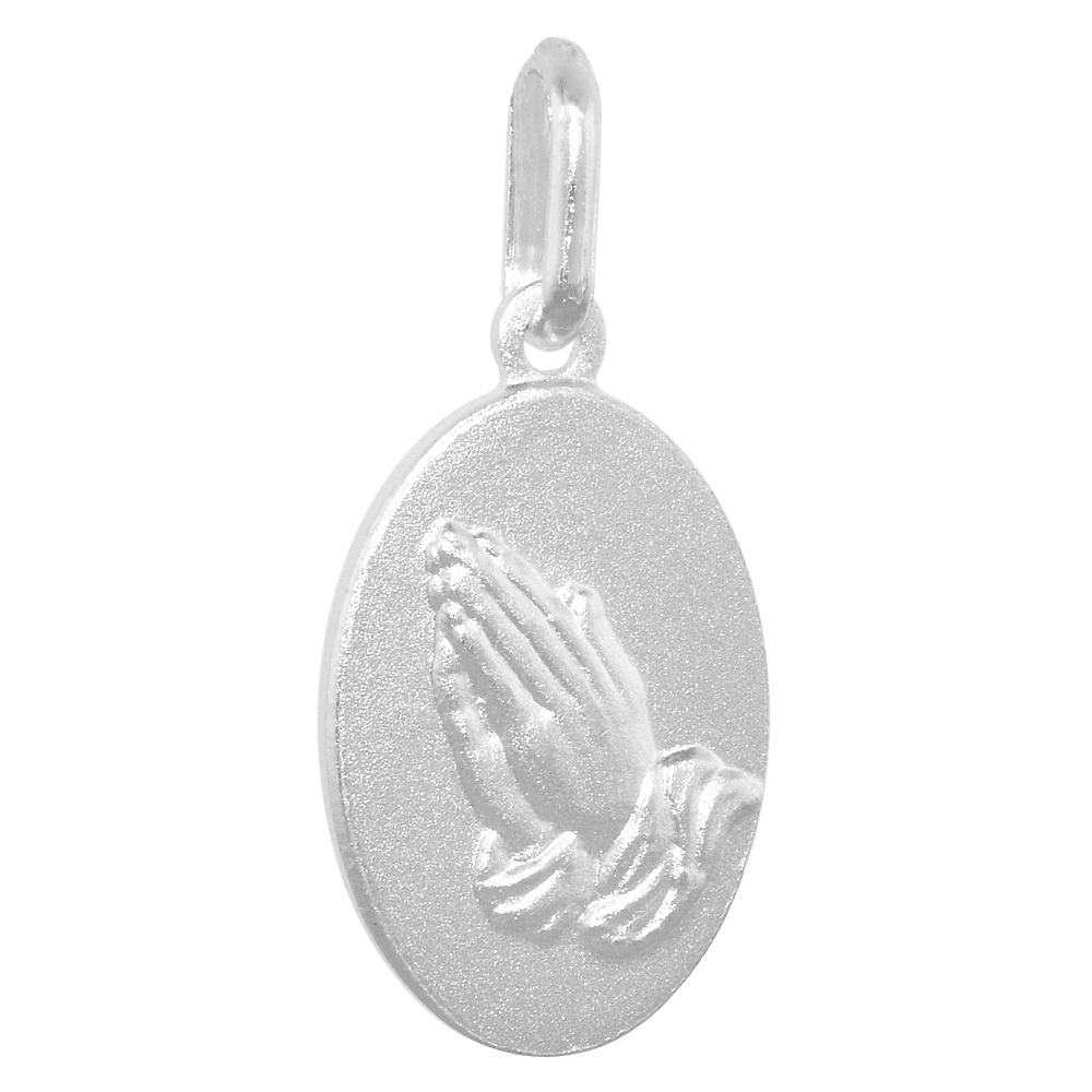 16MM STERLING SILVER PRAYING HANDS MEDAL NECKLACE 5/8 INCH OVAL NICKEL FREE ITALY WITH STAINLESS STEEL CHAIN