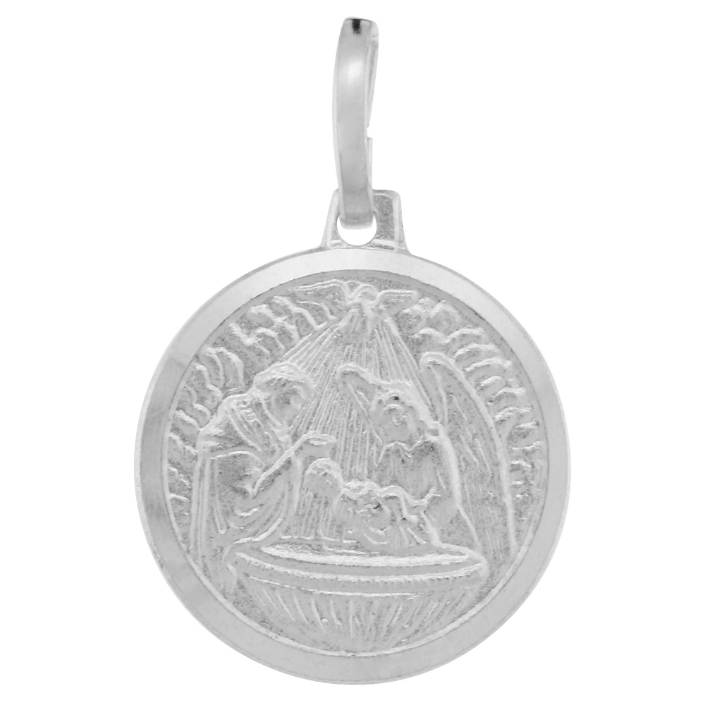 15MM DAINTY STERLING SILVER BAPTISM MEDAL NECKLACE 5/8 INCH ROUND NICKEL FREE ITALY WITH STAINLESS STEEL CHAIN