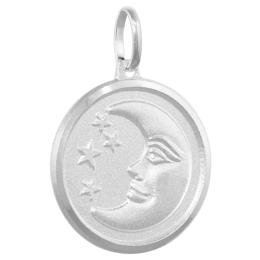 STERLING SILVER MOON AND STARS MEDAL NECKLACE 3/4 INCH ROUND ITALY