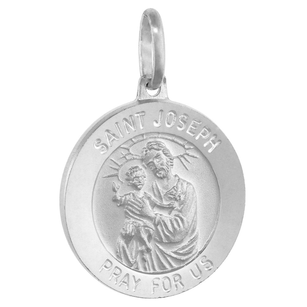 19MM STERLING SILVER ST JOSEPH & CHRIST MEDAL NECKLACE 3/4 INCH ROUND NICKEL FREE ITALY WITH STAINLESS STEEL CHAIN