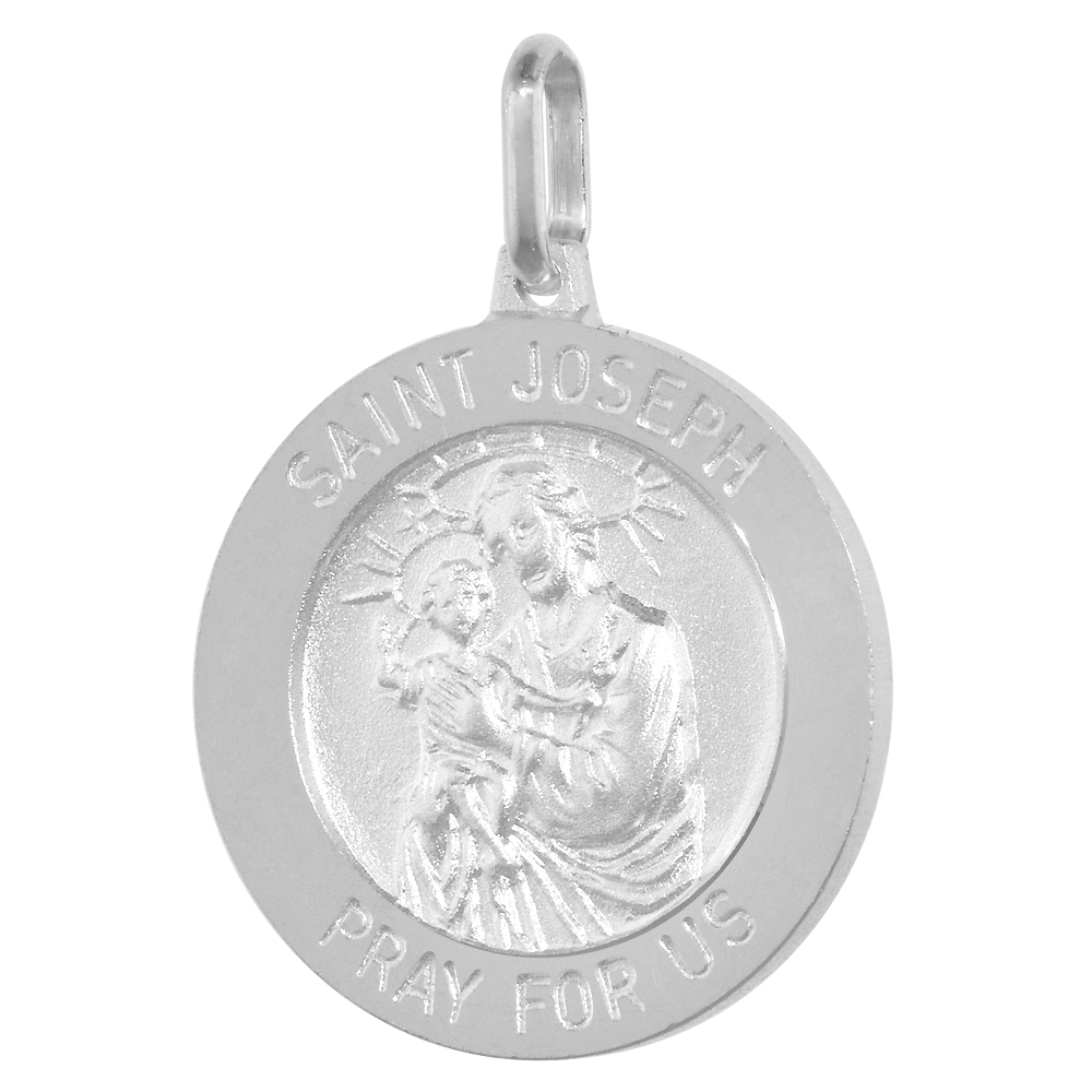 21MM STERLING SILVER ST JOSEPH MEDAL NECKLACE 7/8 INCH ROUND NICKEL FREE ITALY WITH STAINLESS STEEL CHAIN