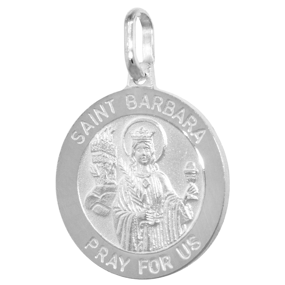 18MM STERLING SILVER ST BARBARA MEDAL NECKLACE 3/4 INCH ROUND NICKEL FREE ITALY WITH STAINLESS STEEL CHAIN