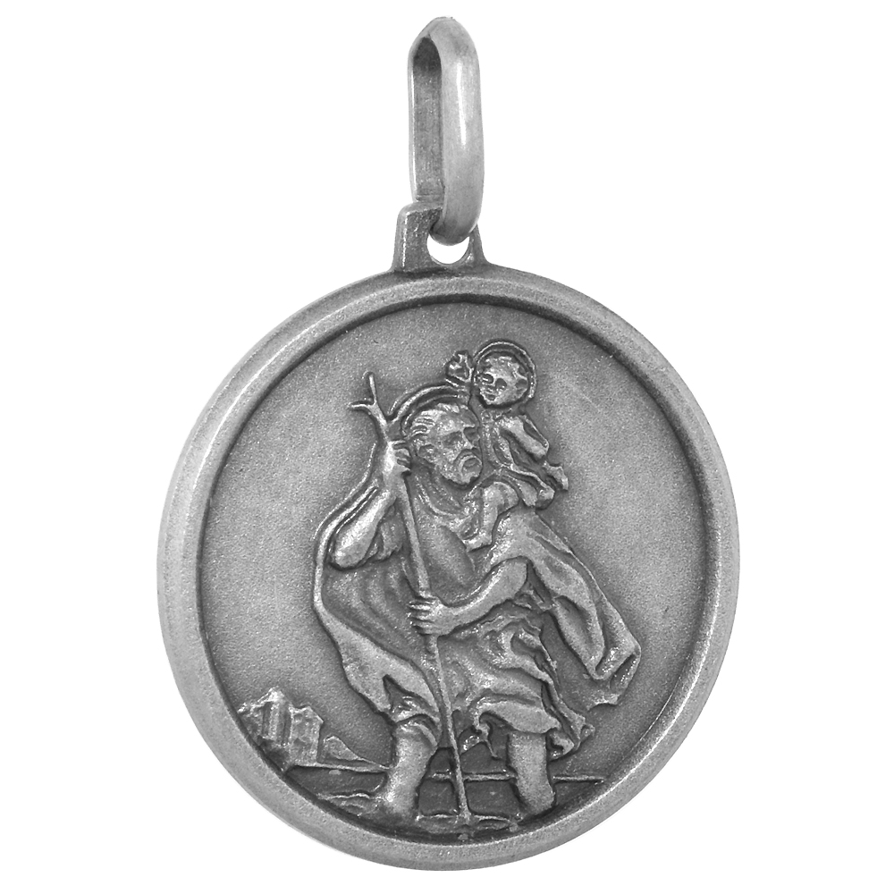 18MM STERLING SILVER ST CHRISTOPHER MEDAL NECKLACE 3/4 INCH ROUND ANTIQUED FINISH NICKEL FREE ITALY WITH STAINLESS STEEL CHAIN