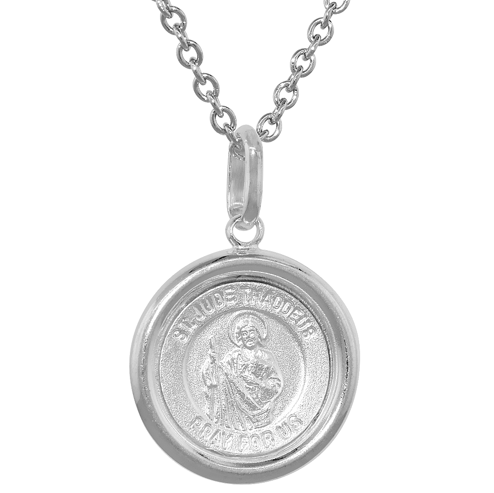 16MM STERLING SILVER ST JUDE MEDAL NECKLACE 5/8 INCH ROUND NICKEL FREE ITALY WITH STAINLESS STEEL CHAIN