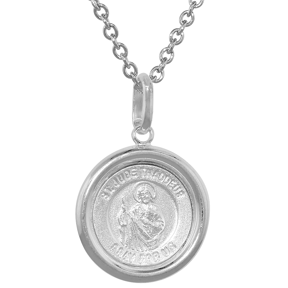 16mm Sterling Silver St Jude Medal Necklace 5/8 inch Round Nickel Free Italy with Stainless Steel Chain