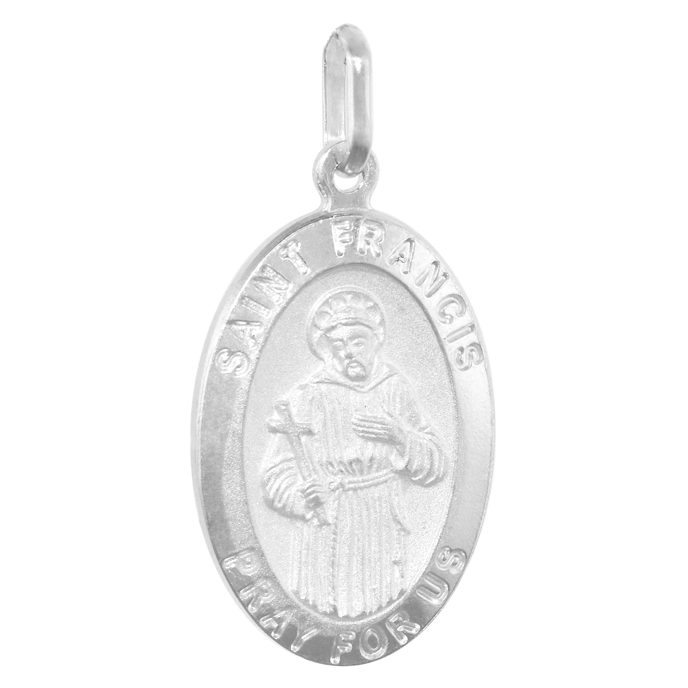 23MM STERLING SILVER ST FRANCIS MEDAL NECKLACE 7/8 INCH OVAL NICKEL FREE ITALY WITH STAINLESS STEEL CHAIN