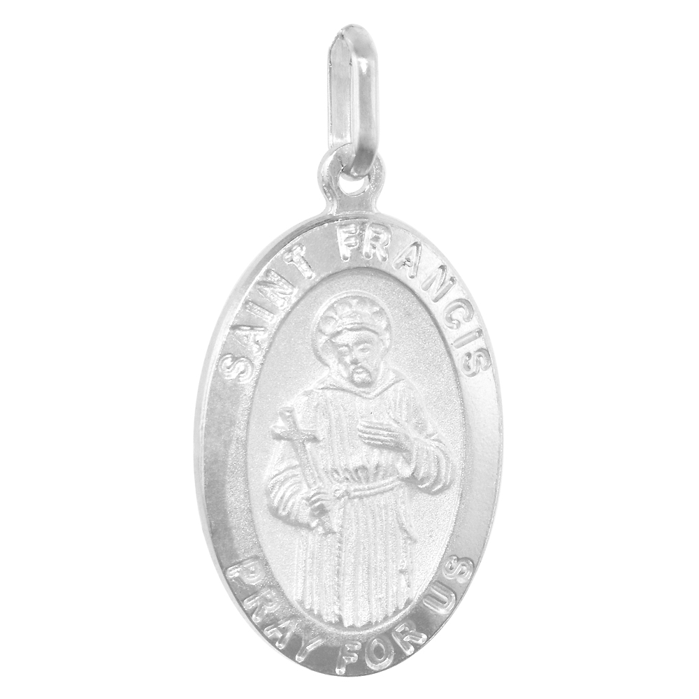 23mm Sterling Silver St Francis Medal Necklace 7/8 inch Oval Nickel Free Italy with Stainless Steel Chain