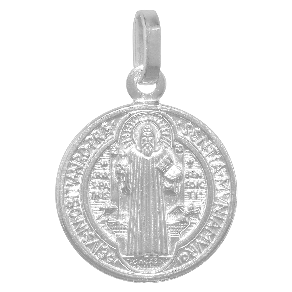 20MM STERLING SILVER ST BENEDICT MEDAL NECKLACE 13/16 INCH ROUND 24 INCH STAINLESS STEEL CHAIN