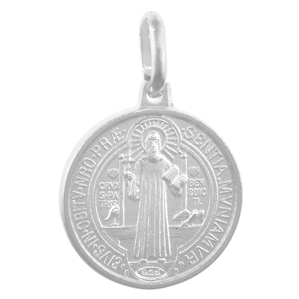 15MM DAINTY STERLING SILVER ST BENEDICT MEDAL NECKLACE 9/16 INCH ROUND 24 INCH STAINLESS STEEL CHAIN