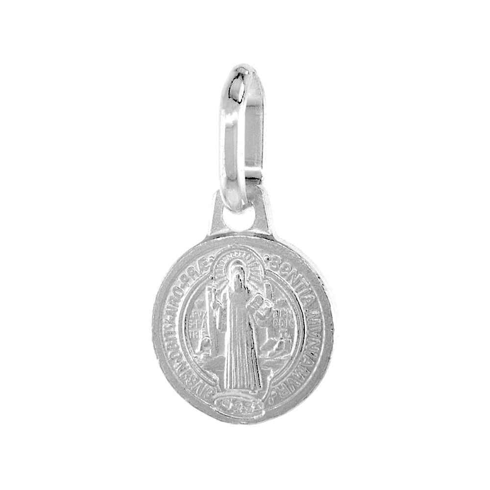 VERY TINY 8MM STERLING SILVER ST BENEDICT MEDAL PENDANT 5/16 INCH ROUND NICKEL FREE ITALY STAINLESS STEEL CHAIN
