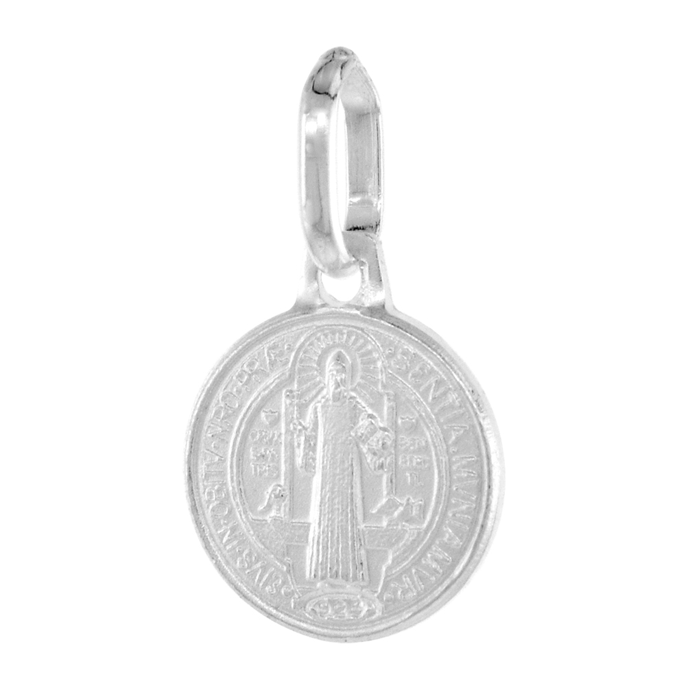 TINY 10MM STERLING SILVER ST BENEDICT MEDAL PENDANT 3/8 INCH ROUND NICKEL FREE ITALY STAINLESS STEEL CHAIN