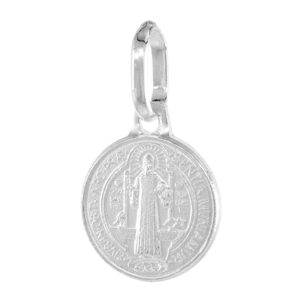 Tiny 10mm Sterling Silver St Benedict Medal Necklace for Women & Men 3/8 inch Round Italy 16-24 inch