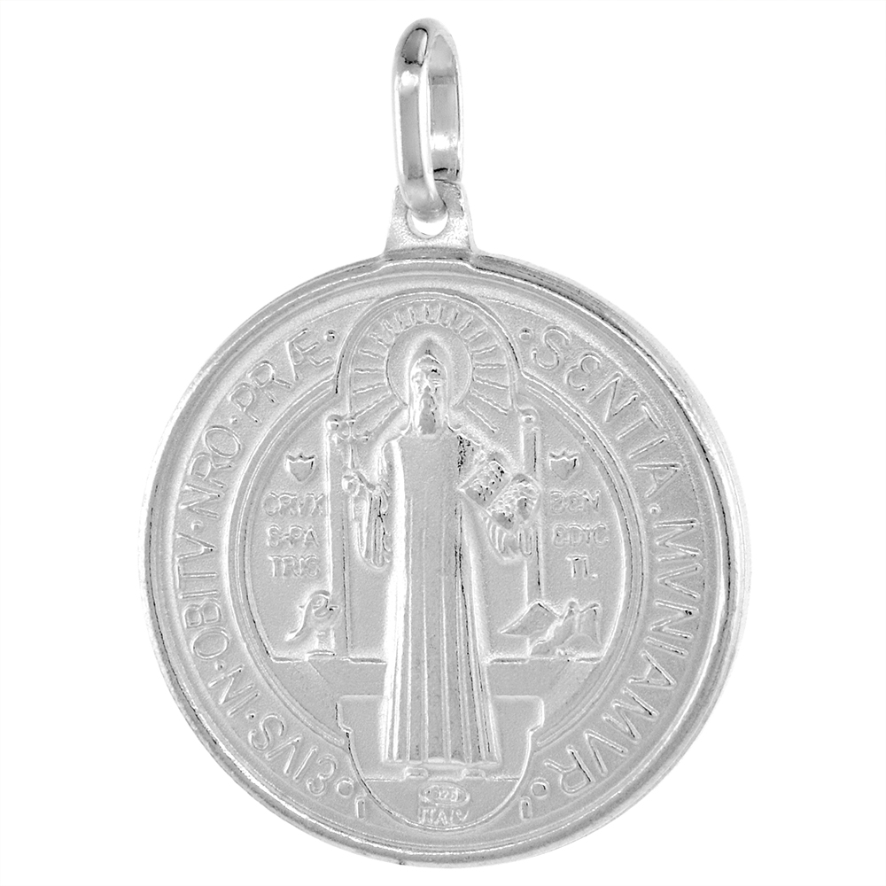 21mm Sterling Silver St Benedict Medal Pendant 7/8 inch Round Nickel Free Italy Stainless Steel Chain